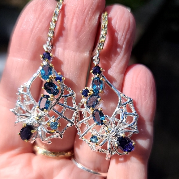 Sapphire Lolite & Topaz  Spider 🕷 on web🕸 Sterling & gold dramatic earrings - Picture 4 of 9